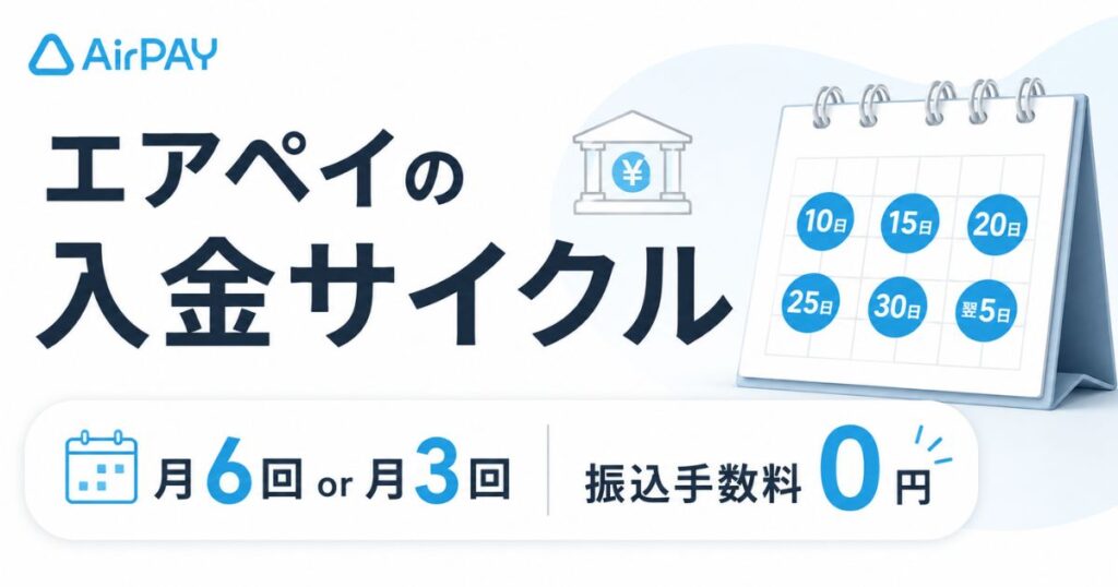エアペイの入金サイクルは月6回と月3回！振込日は締め日の6日後で振込手数料は0円｜Airペイ・AirPAY