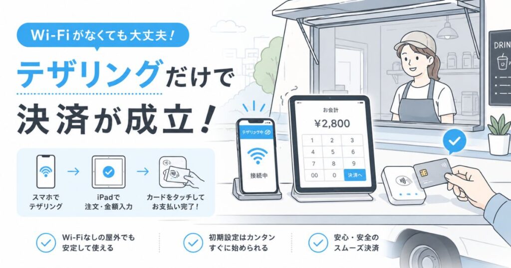 Wi-Fiなしの屋外でスマホのテザリングを使いエアペイで決済しているキッチンカーの様子