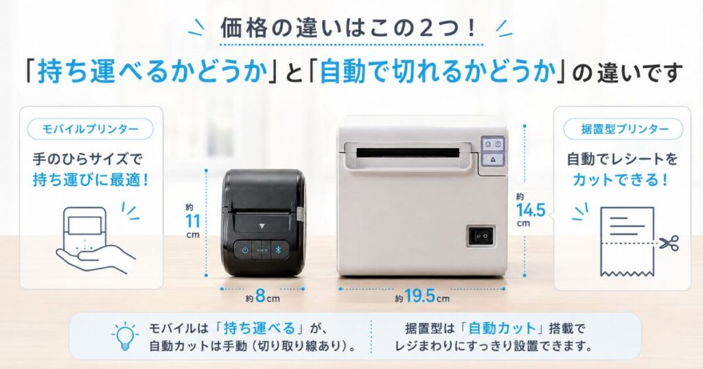 エアペイ対応のモバイルレシートプリンターと据置型プリンターの大きさの違い