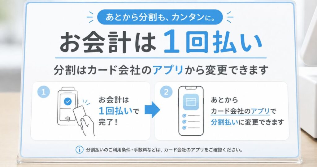 あとから分割の案内をまとめたレジ横のPOPのイメージ