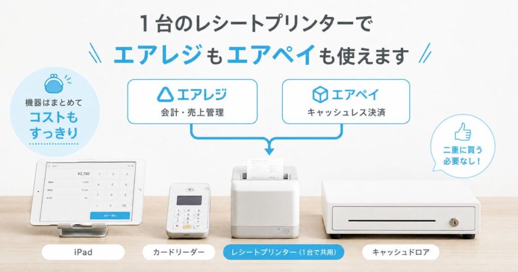エアレジとエアペイで共用できるレシートプリンターを含めたレジ周りの機器一式