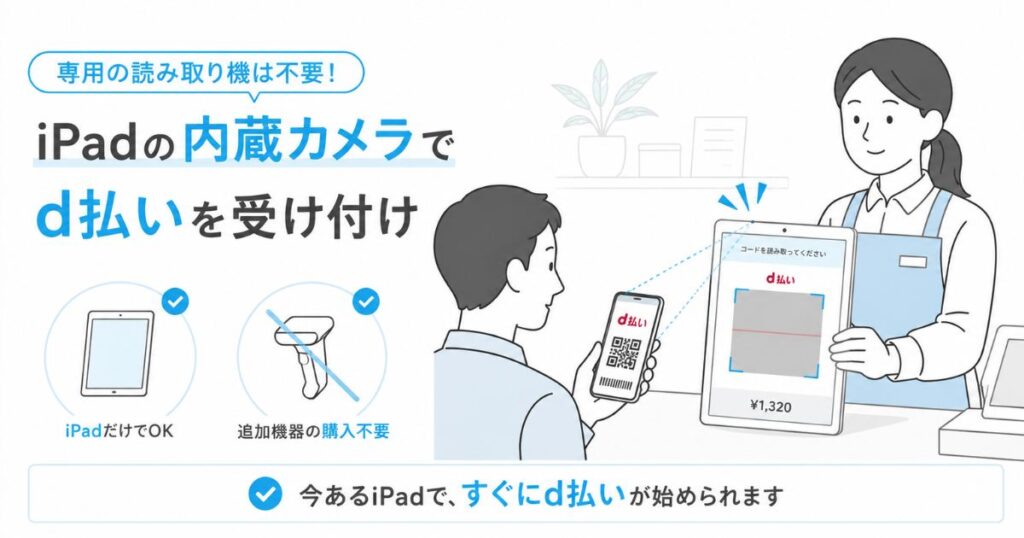 エアペイのd払い決済をiPadの内蔵カメラで読み取っているレジの様子