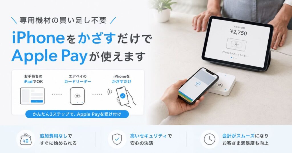 エアペイのカードリーダーにiPhoneをかざしてアップルペイで支払う様子