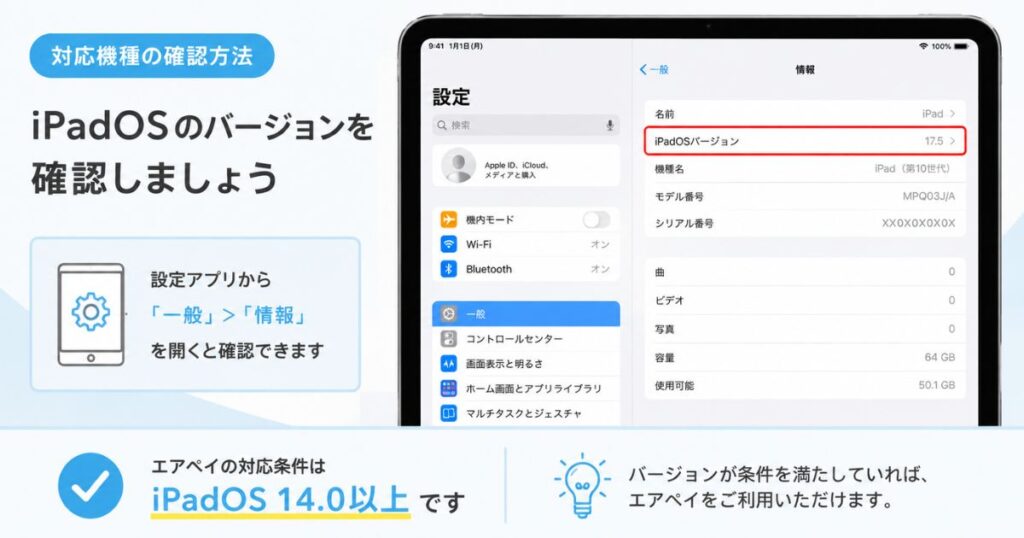 iPadの設定画面でエアペイの対応機種の条件になるiPadOSバージョンを表示したところ