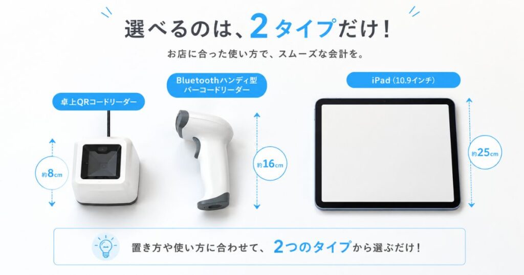 エアペイ対応の卓上QRコードリーダーとバーコードリーダーを並べて大きさを比べた様子