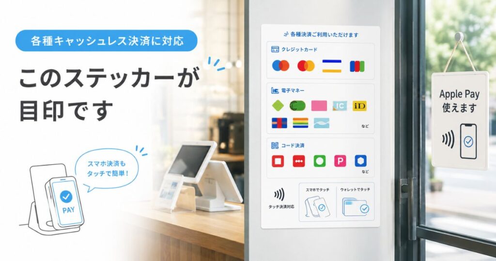 エアペイの対応ブランドを掲示したレジ周りとアップルペイ対応の案内