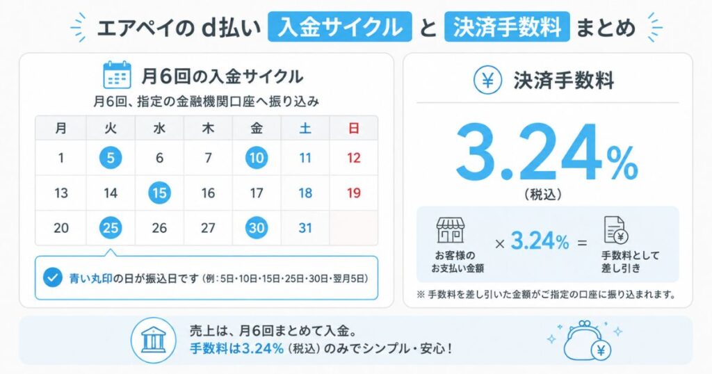 エアペイのd払いの入金サイクルと決済手数料をまとめた図解
