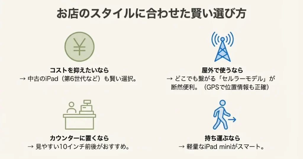 屋外ならセルラーモデル、カウンターなら10インチなど、スタイル別の選び方ガイド