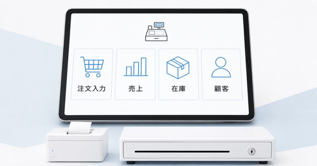 Airレジの機能が並ぶiPadのホーム画面と周辺機器