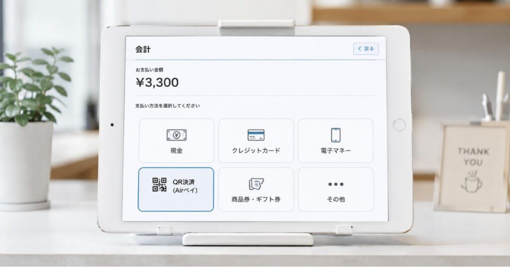 エアレジの支払い方法一覧にQR決済（Airペイ）が表示されたiPadの会計画面
