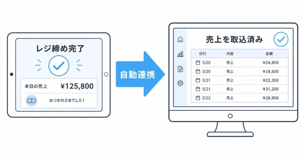 エアレジのレジ締め画面からfreee会計に売上が自動で連携される流れ