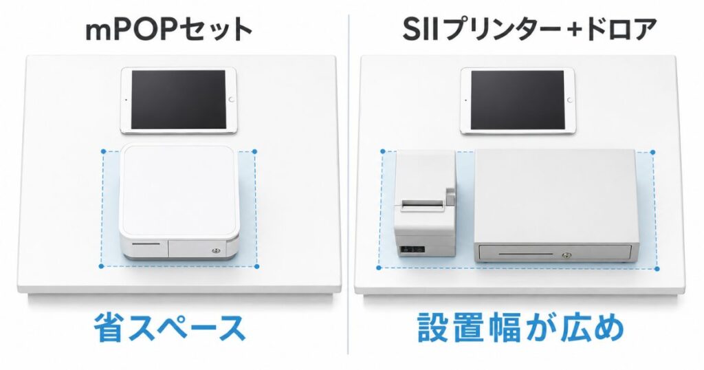 エアレジ スターターパックのmPOPセットとSIIレシートプリンターセットを並べた設置スペースの比較
