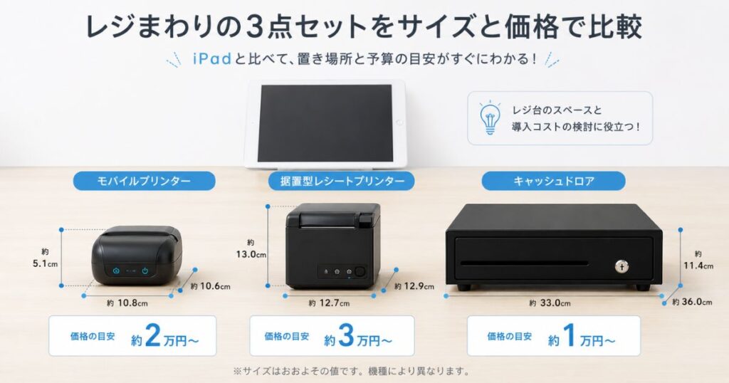 エアレジで使うモバイルプリンターと据置型プリンターとキャッシュドロアの価格とサイズの比較