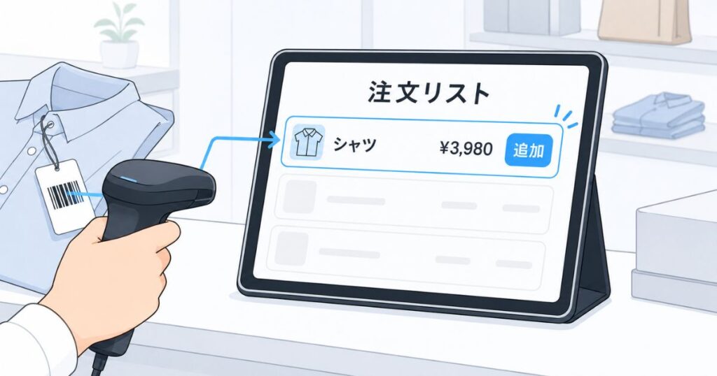 バーコードリーダーで商品を読み取るAirレジの在庫管理と会計の場面
