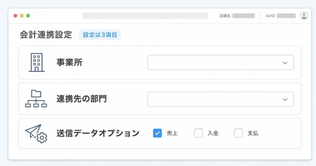 Airレジ バックオフィスのfreee会計連携設定画面にある3つの設定項目