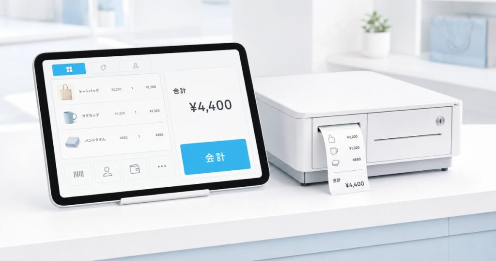 エアレジ スターターパックの初期設定を終えてレシートが印刷されたiPadとプリンター