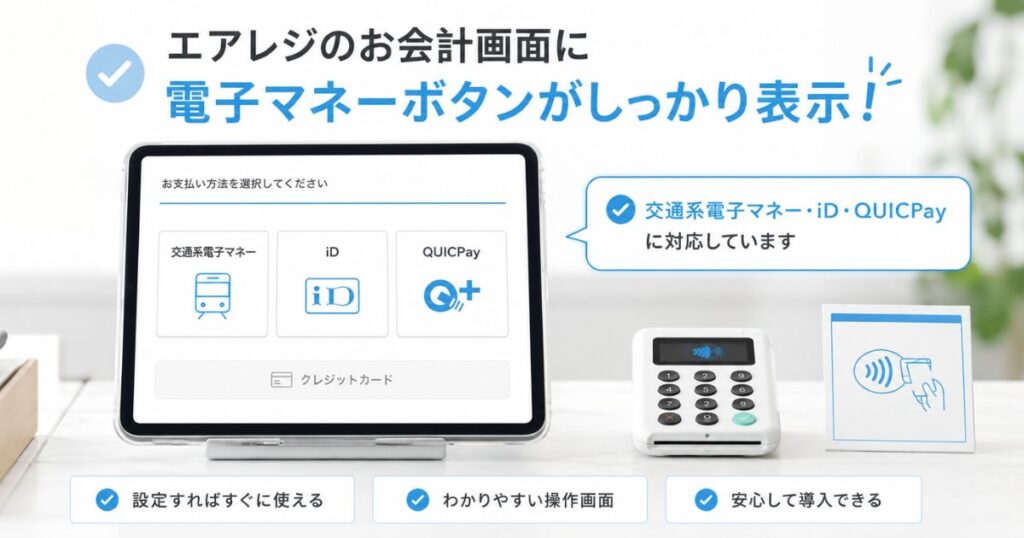 エアレジのお会計画面に交通系電子マネーとiDとQUICPayが並んだ様子