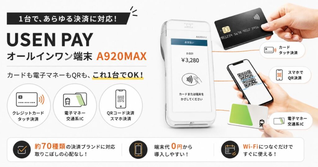 USENPAYの決済端末でカード電子マネーQRコードに対応する様子