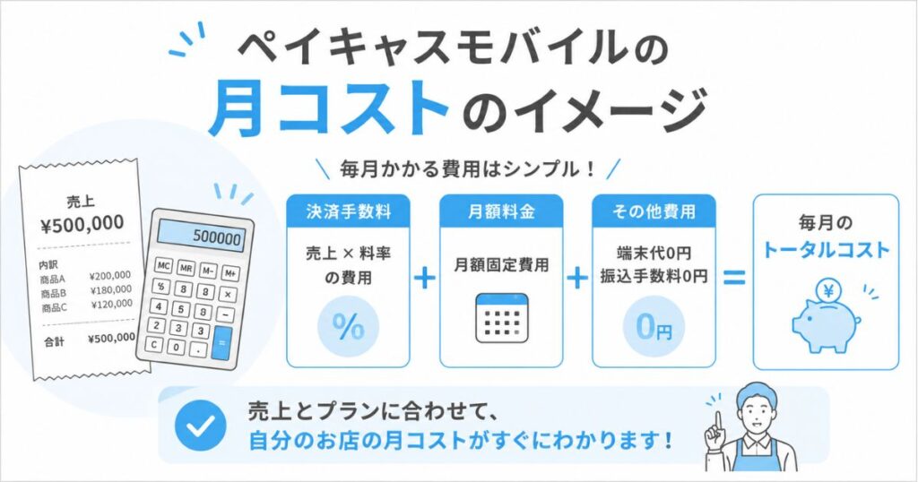 ペイキャスモバイルの決済手数料と月額料金を合わせた月コストのイメージ