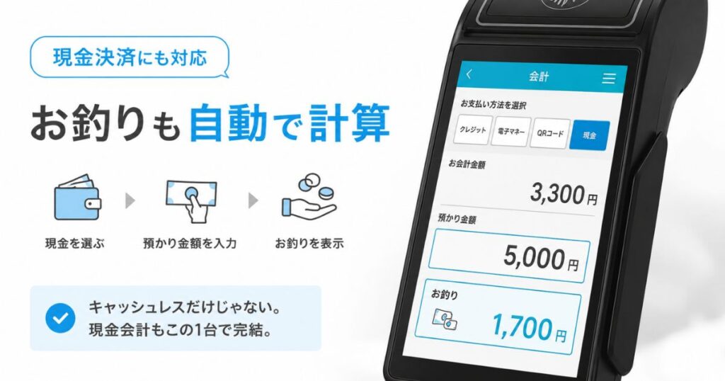 現金決済にも対応するPAYGATEのPAYGATE POSアプリのお釣り計算画面