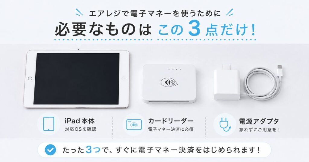 エアレジで電子マネーを使うために必要なiPadとカードリーダーと電源アダプタ
