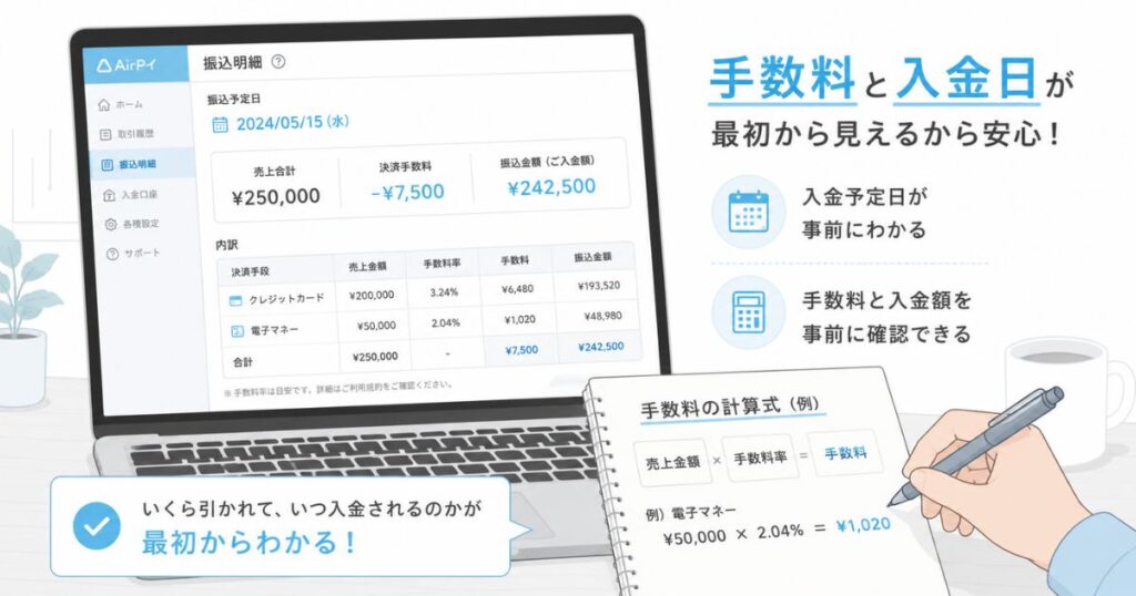 エアレジと連携したAirペイの管理画面で電子マネーの決済手数料と入金額を見ている様子