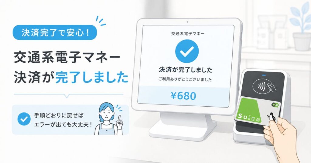 エアレジで交通系電子マネーの決済が完了した画面とカードリーダー