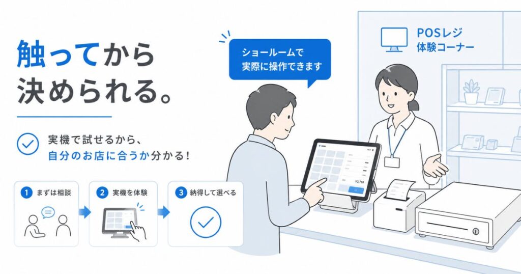 ショールームでスマレジのレジ画面と周辺機器を操作しながら相談する様子