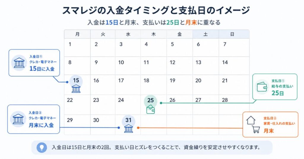 スマレジと決済サービスの組み合わせごとに入金元と入金日が決まることをまとめた図