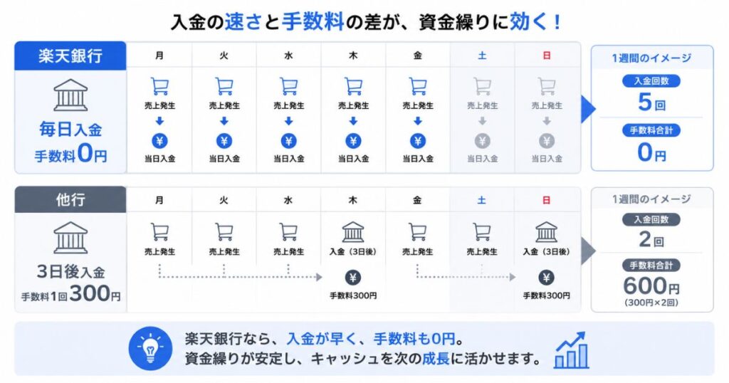 楽天ペイの入金サイクルを楽天銀行と他の金融機関で比べた振込タイミングと手数料の図解