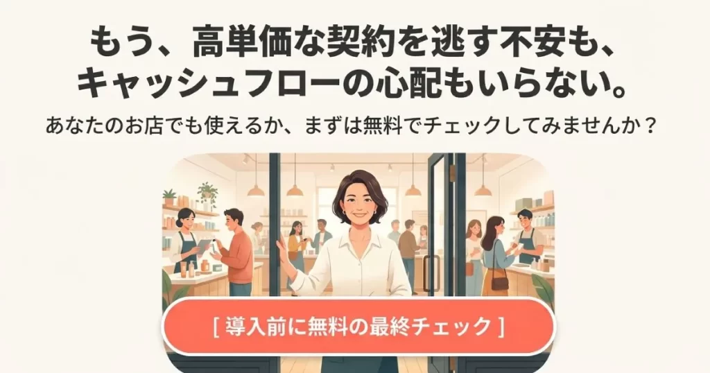 笑顔の女性店主がお店の前に立っているイラスト。導入前に無料で自分のお店でも使えるかチェックできるボタンのイメージ。