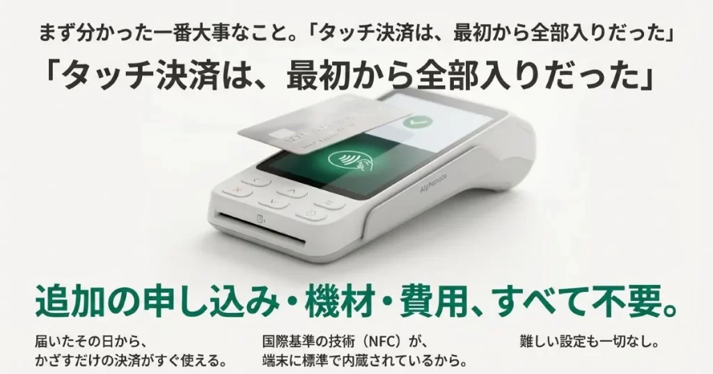 アルファノートは追加申し込みや機材、費用が不要で、NFC技術が標準内蔵されていることを説明するスライド。
