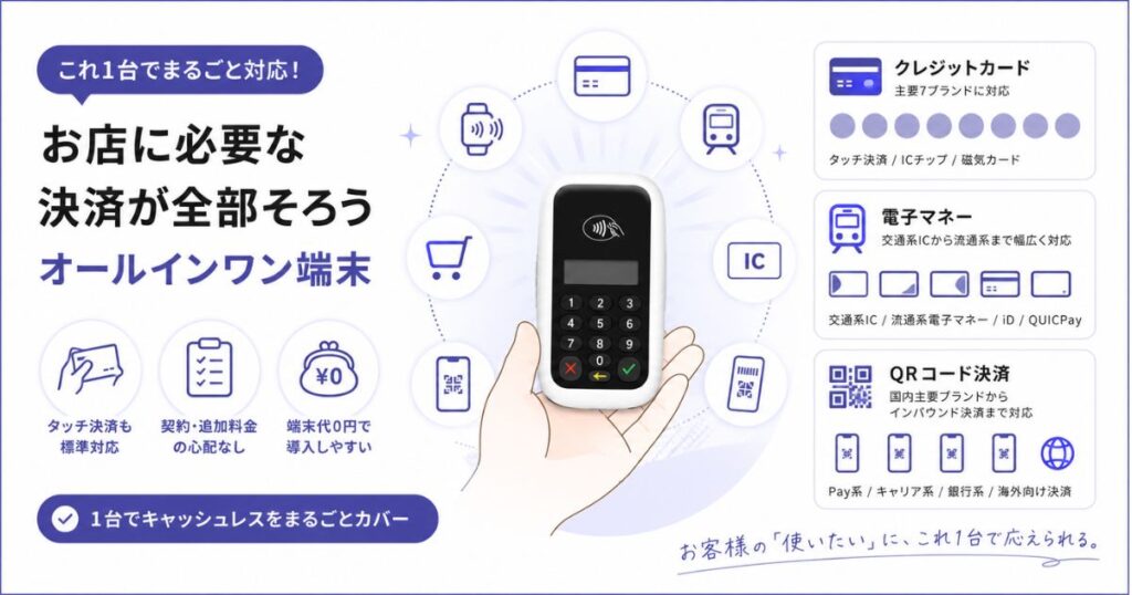 アルファノートの決済端末1台でクレジットカードや電子マネー、QRコード決済に対応する様子