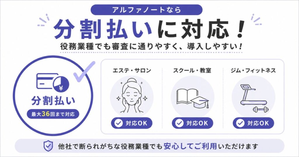 アルファノートが分割払いに対応し役務業種でも審査に通ることを示す図