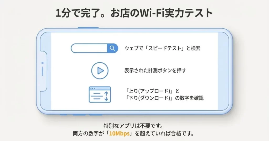 ブラウザで「スピードテスト」と検索し、上りと下りの数値を確認するまでの3ステップ解説。