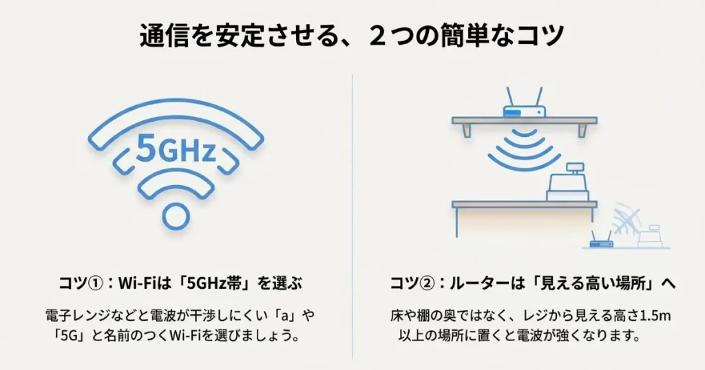 電波干渉に強い5GHz帯の選び方と、ルーターを高さ1.5m以上の場所へ設置するイラスト。