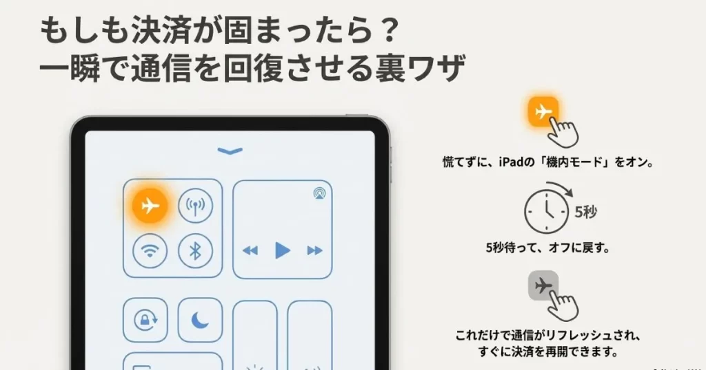 iPadの機内モードを5秒間オンにしてからオフに戻し、通信をリフレッシュする手順。