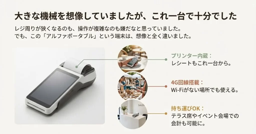 プリンター内蔵、4G回線搭載で持ち運び可能なアルファノートの決済端末。カフェやイベント、サロンでの利用シーン