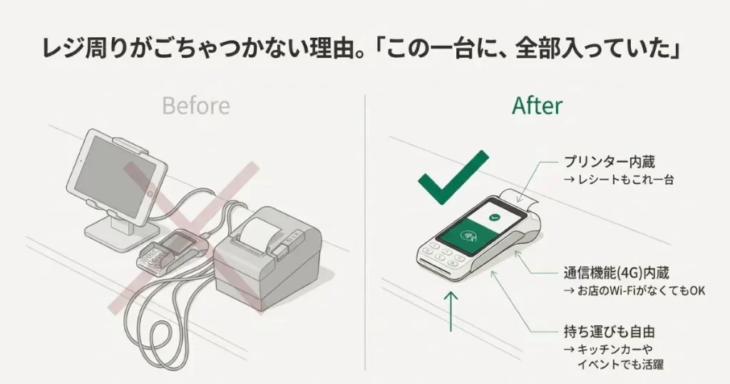 プリンターと4G回線が内蔵され、レジ周りがスッキリすることや持ち運びの自由さを解説するBefore/After比較画像。