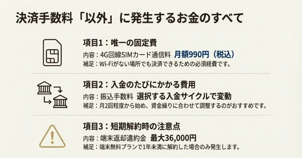 SIM通信料、振込手数料、端末返却違約金の3項目をまとめたコスト図解