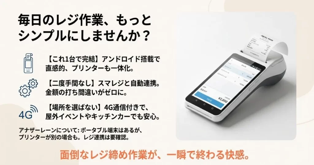 Android搭載、プリンター一体型、スマレジ連携、4G通信対応などアルファノート端末のメリット