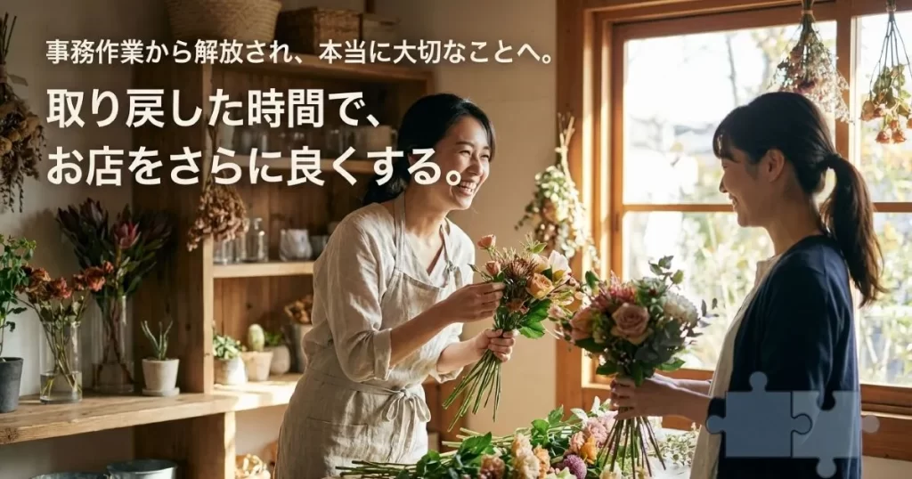 経理作業から解放され、取り戻した時間でお店をさらに良くすることに集中できることを伝えるスライド