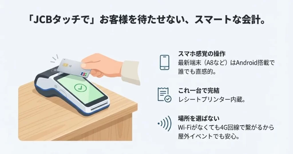 Android搭載、レシートプリンター内蔵、4G回線対応など最新端末のスマートな会計機能の紹介