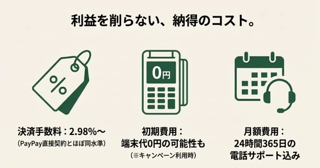 決済手数料2.98%から、キャンペーン利用で端末代0円、24時間365日の電話サポートが含まれるコストの解説