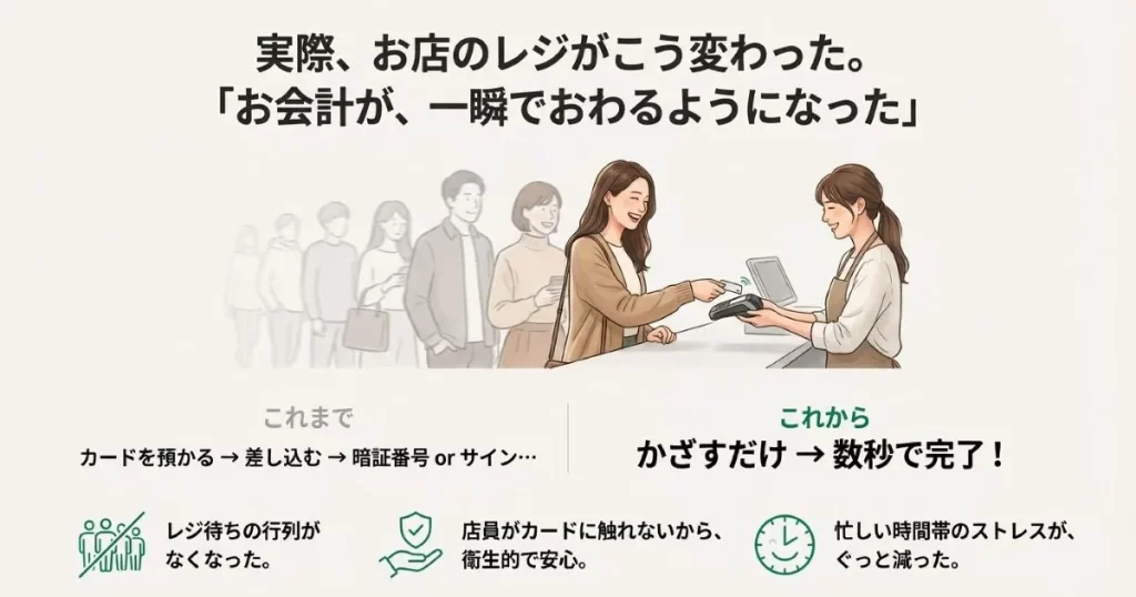かざすだけで数秒で完了する決済により、レジ待ちの行列がなくなり衛生的であることを示すイラスト。