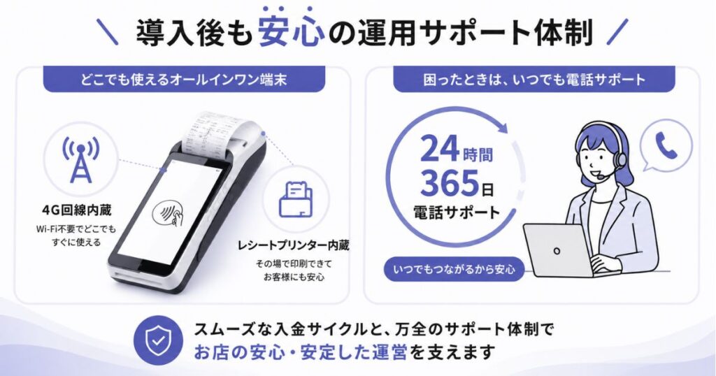 4G回線とレシートプリンターを内蔵したアルファノートの決済端末と24時間サポート体制