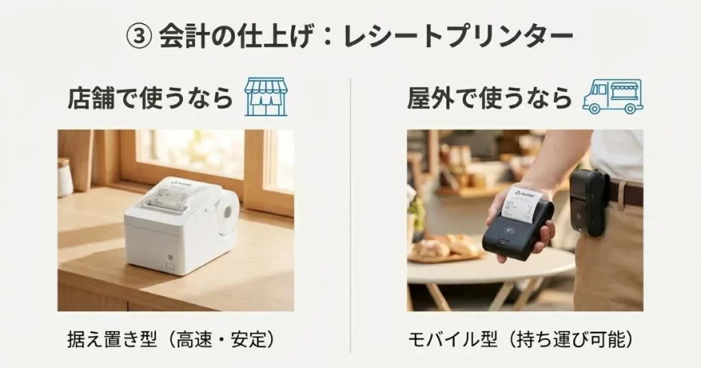 エアペイ対応レシートプリンター。店舗向けの据え置き型と、屋外向けのモバイル型の比較画像。