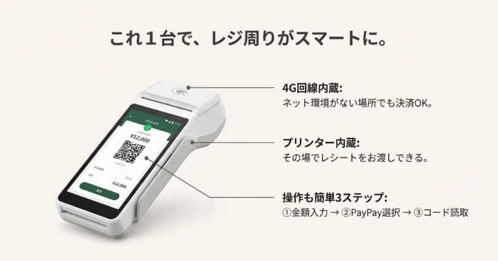4G回線とプリンターを内蔵した決済端末の機能と、金額入力、PayPay選択、コード読取の簡単3ステップ操作の紹介