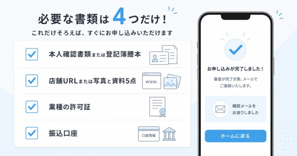 エアペイの必要書類を本人確認書類と店舗確認書類と許可証と振込口座の4項目にまとめたチェックリスト