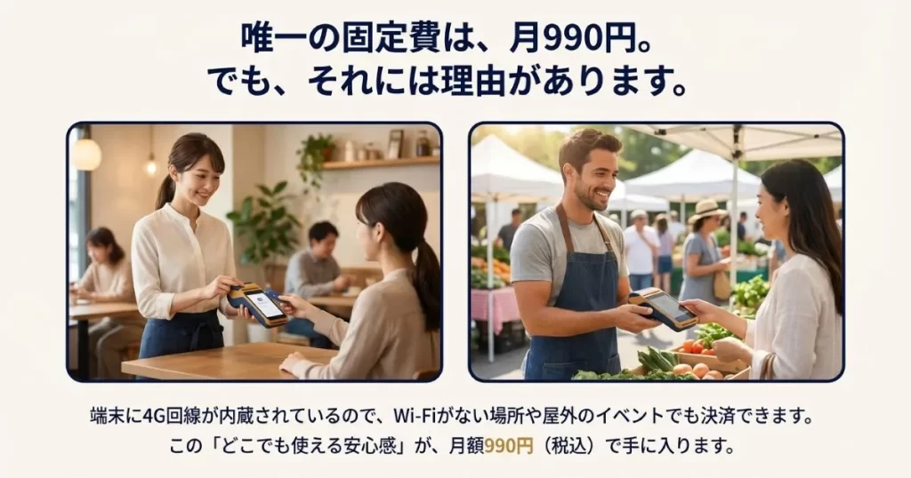 店内や屋外イベントでアルファノートの端末を使用して決済を行っている様子と月額990円の固定費を説明する画像